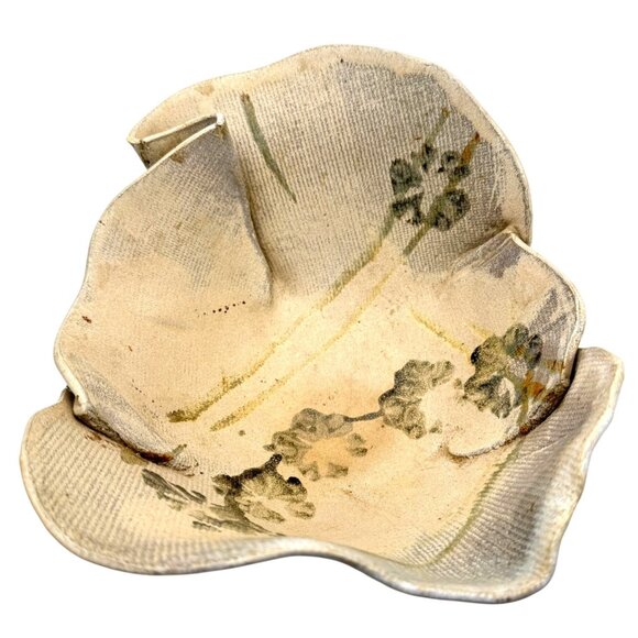 Folded Clay Bowl Studio Pottery Signed by Artist with Painted Florals 6"H X 11" - Picture 4 of 6